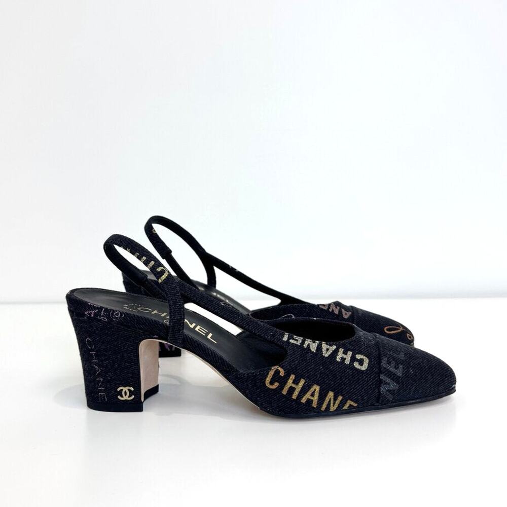 CHANEL Logo Black Denim Slingback Pumps 38 Multicolor Almond Toe Block Heel 2022